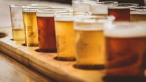 A flight of beers at the oldest craft brewery in Michigan, Frankenmuth Brewery.