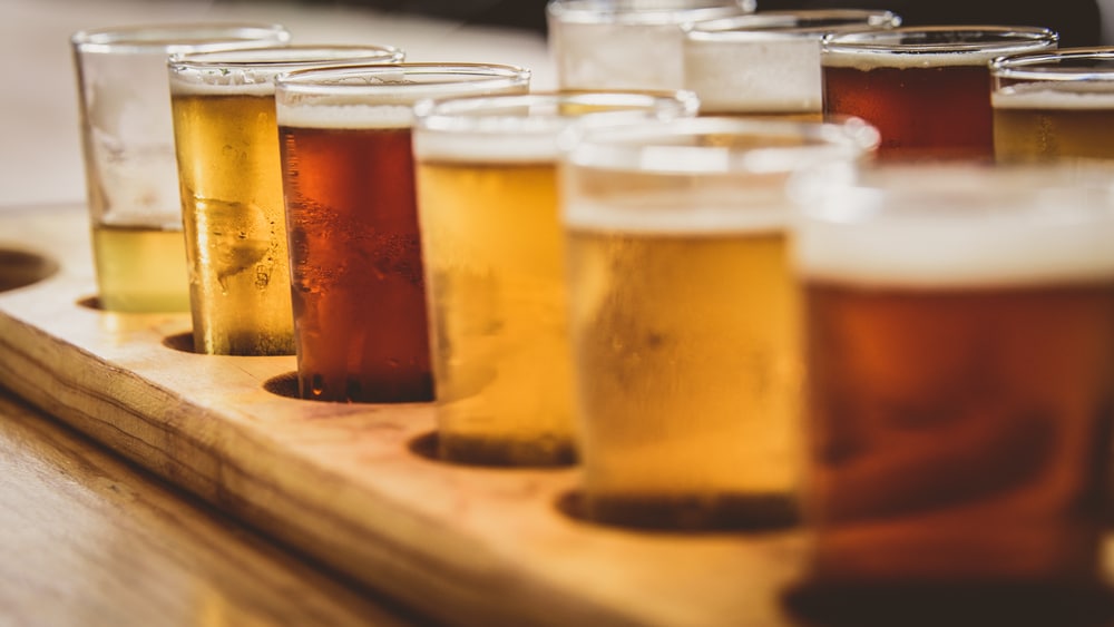A flight of beers at the oldest craft brewery in Michigan, Frankenmuth Brewery.